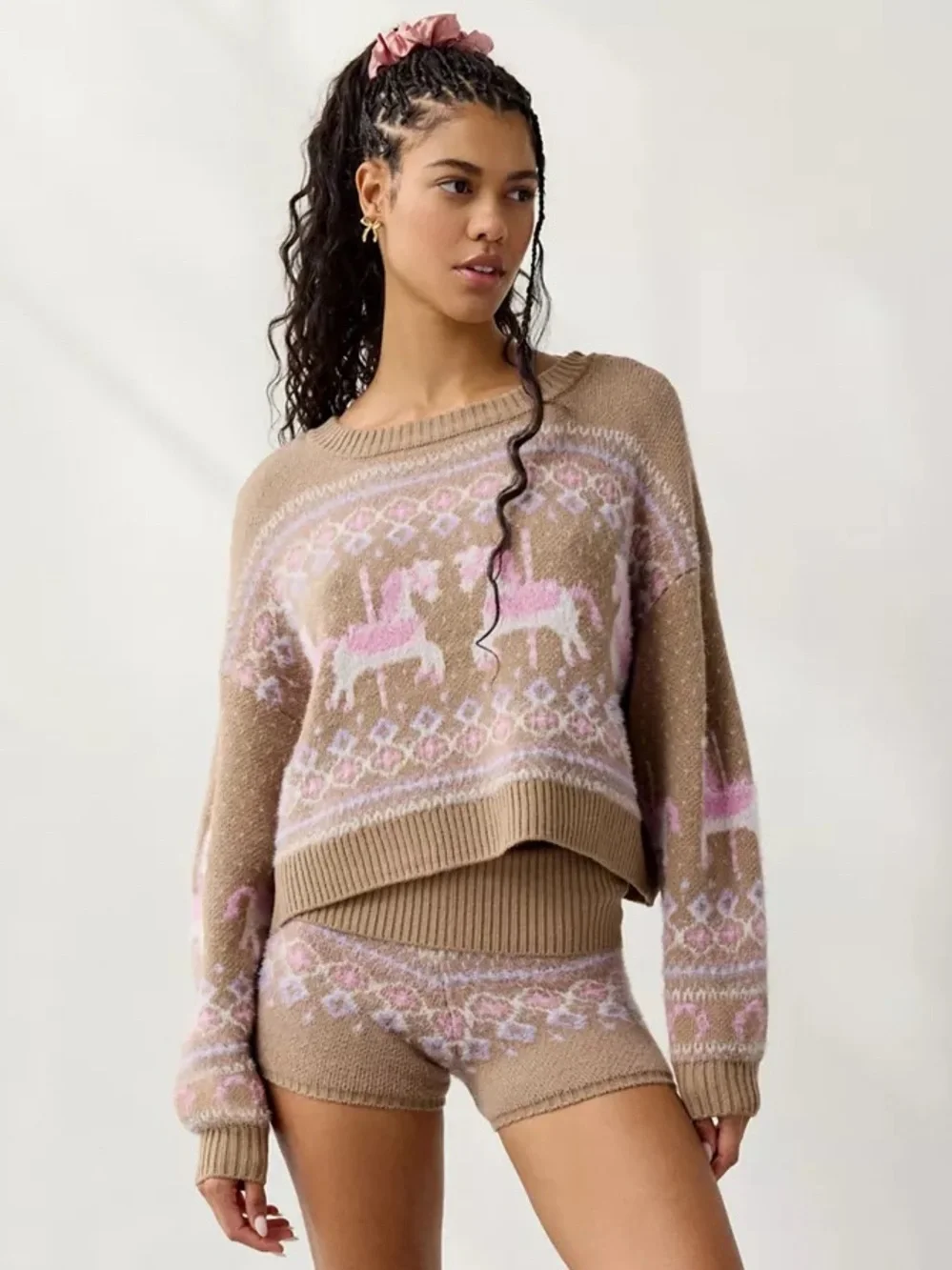 Urban Outfitters | Out From Under Hit The Slopes Cropped Fair Isle Sweater Brown